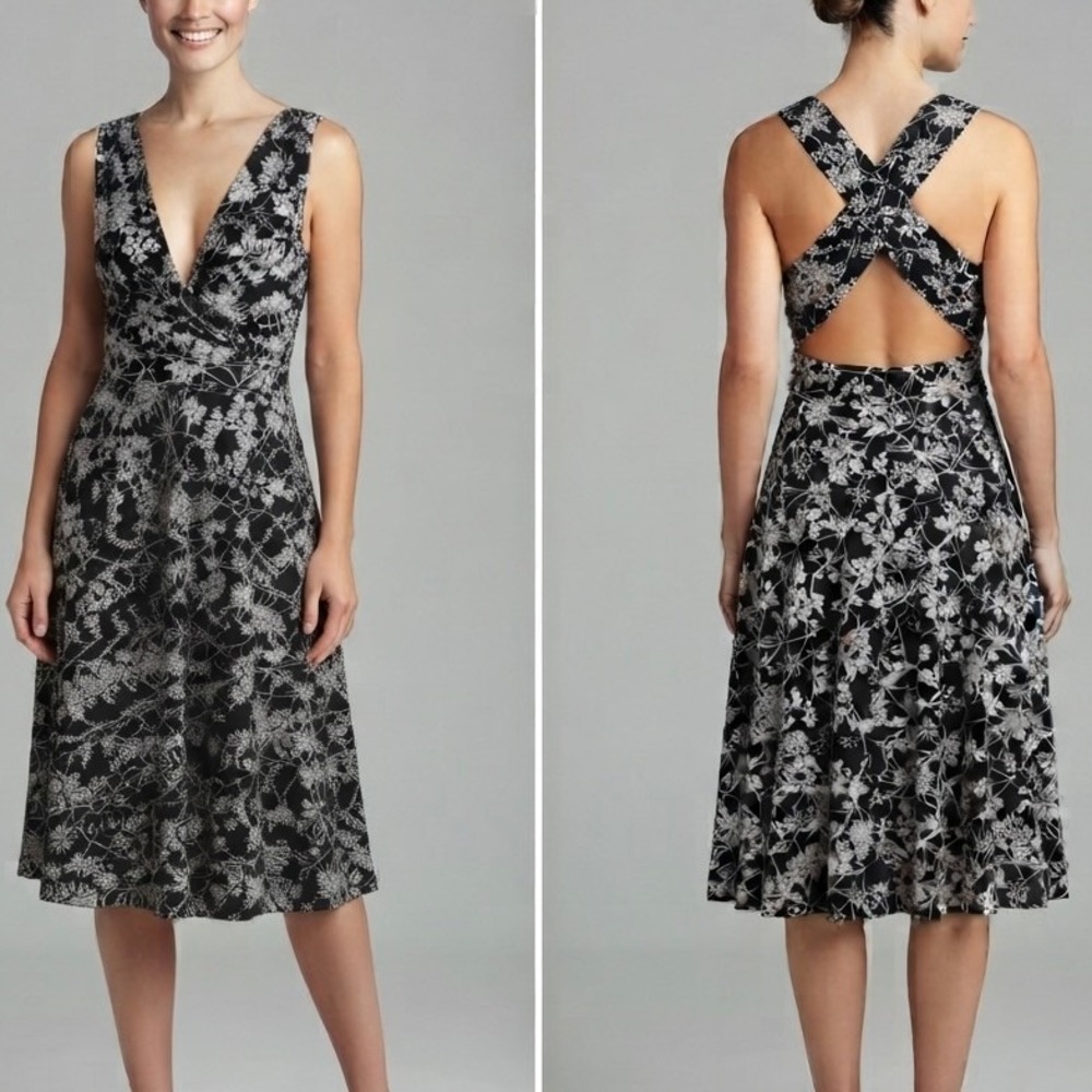 NWT White House Black Market Floral Crisscross Back Midi Feminine Dress Sz 4